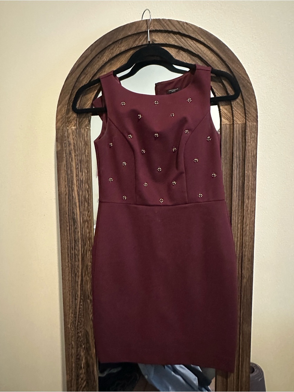 Ann Taylor Burgundy Sleeveless Jewel-Embellished Sheath Dress
